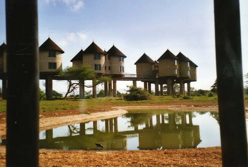 Salt Lick Lodge, its rooms raised on stilts above a waterhole inside the Taita Hills sanctuary, reflected in the water below